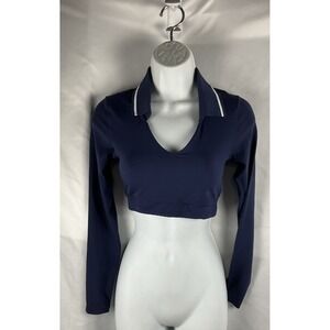 Offline By Aerie  Size S/P Real Me Long Sleeve Cropped Polo Navy/White Stretch
